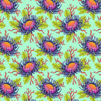 Tula Pink FLORAL REEF - PWTP265. FRIENDS AND ANEMONES - Seafoam