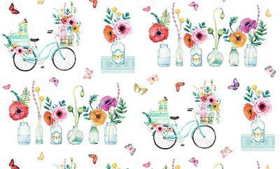 Stoffrapport til collage med sykkel og blomster 60cm