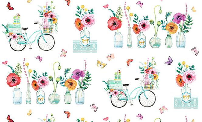 Hovedbilde Stoffrapport til collage med sykkel og blomster 60cm